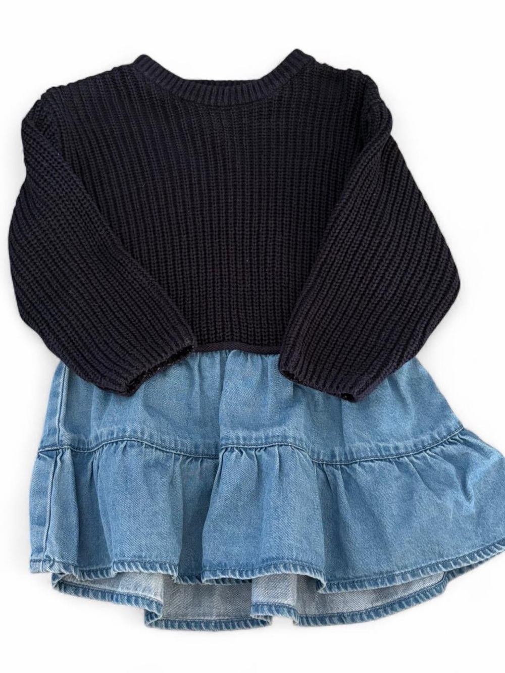 Zara Navy Knit Sweater with Light Blue Denim Tiered Skirt